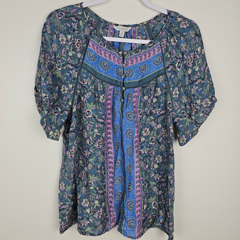 Lucky Brand Blouse Womens Medium Blue Floral Boho Peasant Top Short Sleeve